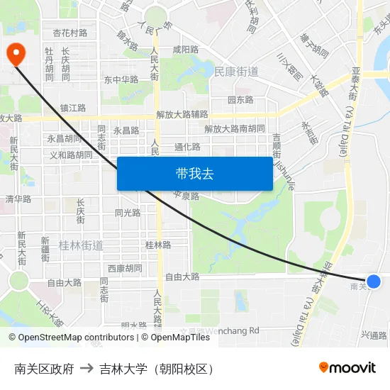 南关区政府 to 吉林大学（朝阳校区） map