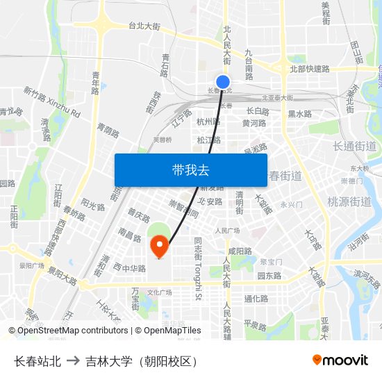 长春站北 to 吉林大学（朝阳校区） map