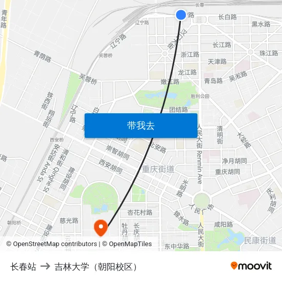 长春站 to 吉林大学（朝阳校区） map
