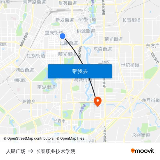 人民广场 to 长春职业技术学院 map