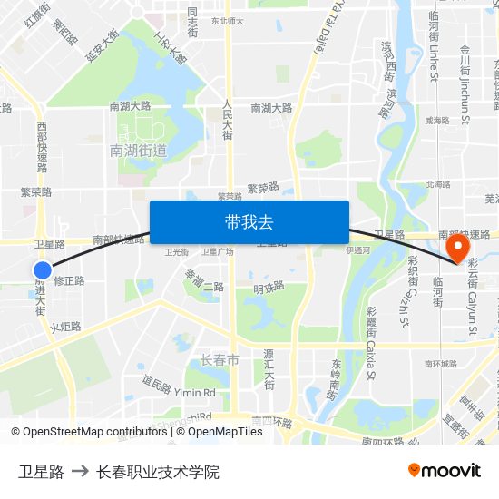 卫星路 to 长春职业技术学院 map