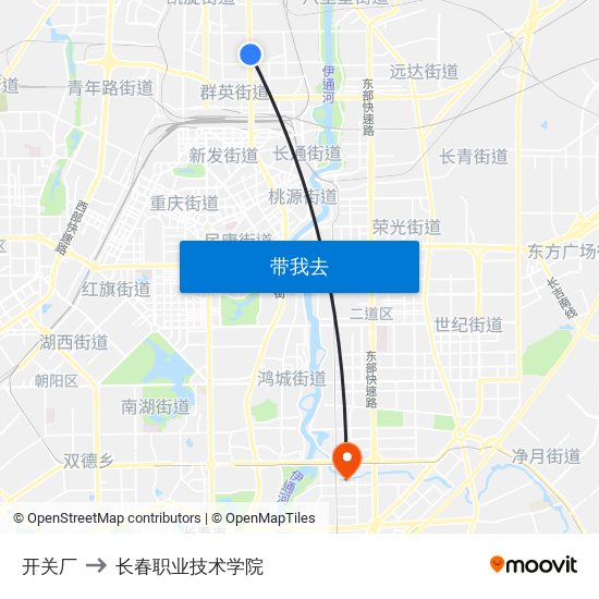 开关厂 to 长春职业技术学院 map