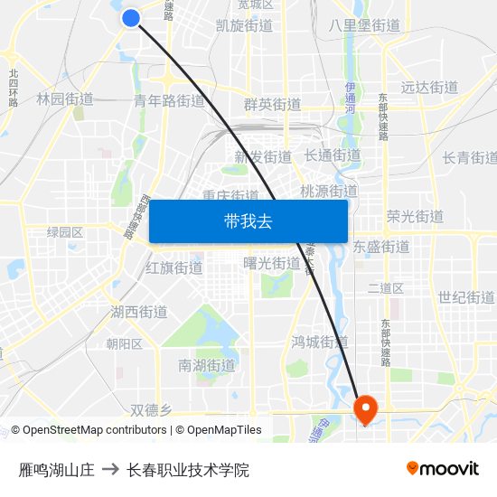 雁鸣湖山庄 to 长春职业技术学院 map