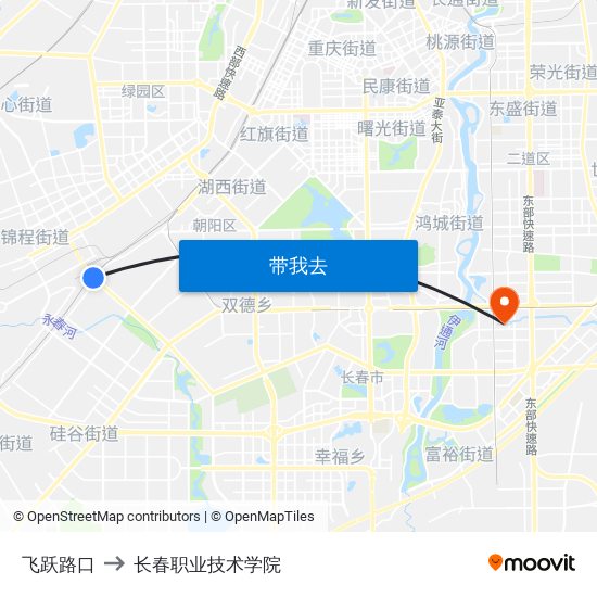 飞跃路口 to 长春职业技术学院 map