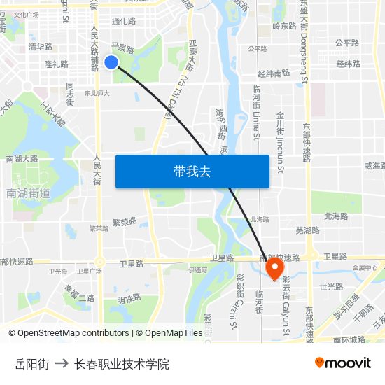 岳阳街 to 长春职业技术学院 map