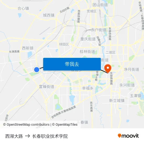 西湖大路 to 长春职业技术学院 map