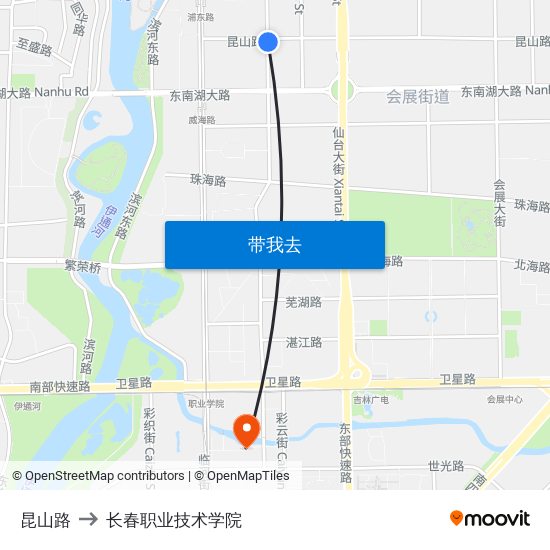 昆山路 to 长春职业技术学院 map