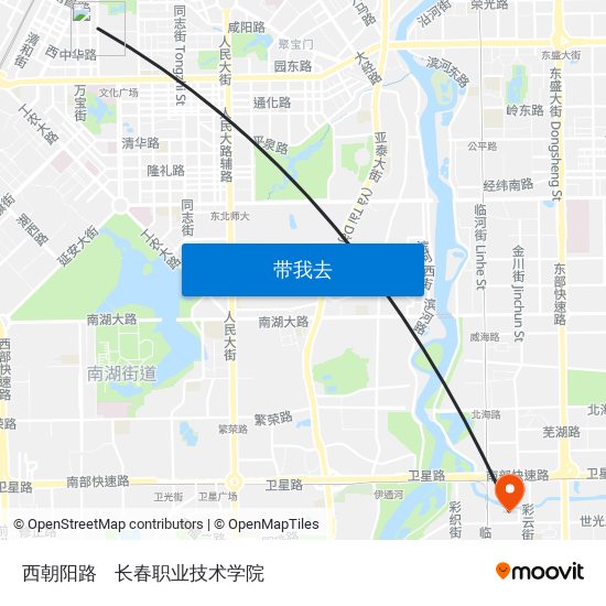 西朝阳路 to 长春职业技术学院 map