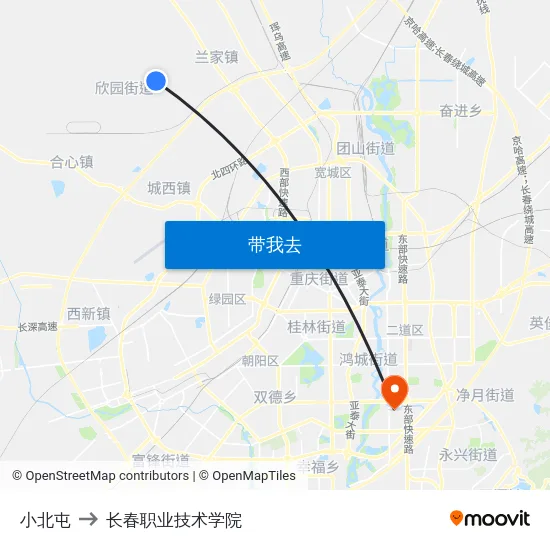 小北屯 to 长春职业技术学院 map