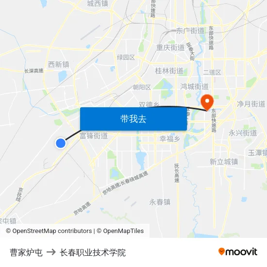 曹家炉屯 to 长春职业技术学院 map
