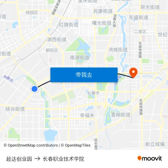 超达创业园 to 长春职业技术学院 map