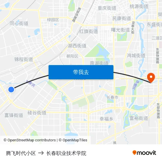 腾飞时代小区 to 长春职业技术学院 map