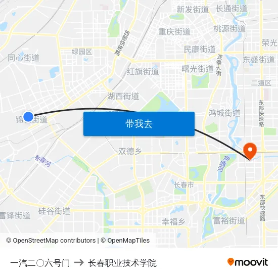 一汽二〇六号门 to 长春职业技术学院 map