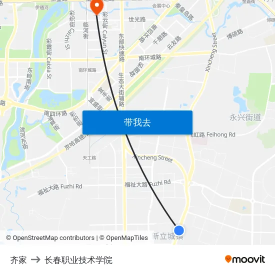 齐家 to 长春职业技术学院 map