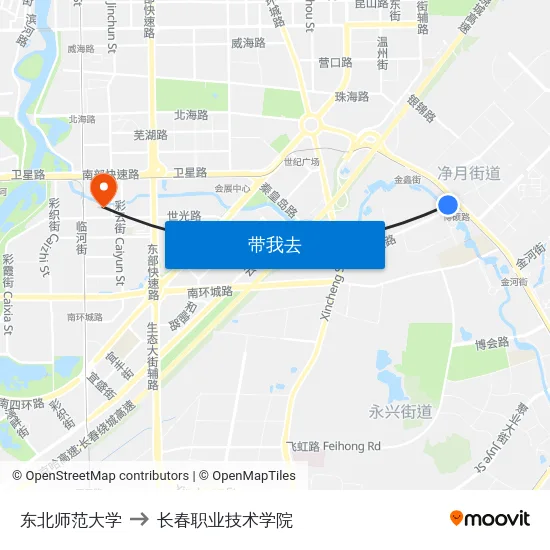 东北师范大学 to 长春职业技术学院 map
