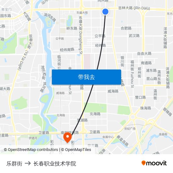 乐群街 to 长春职业技术学院 map