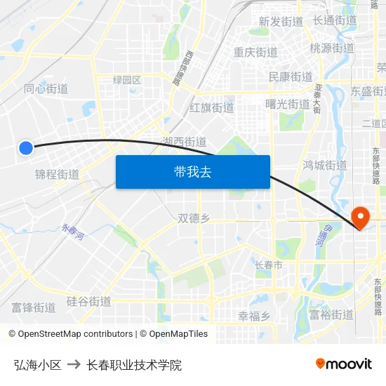 弘海小区 to 长春职业技术学院 map