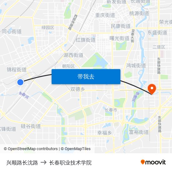 兴顺路长沈路 to 长春职业技术学院 map