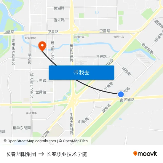 长春旭阳集团 to 长春职业技术学院 map