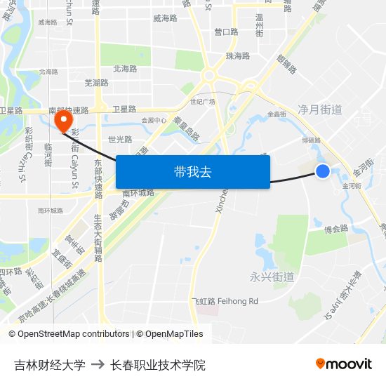 吉林财经大学 to 长春职业技术学院 map