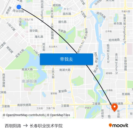 西朝阳路 to 长春职业技术学院 map