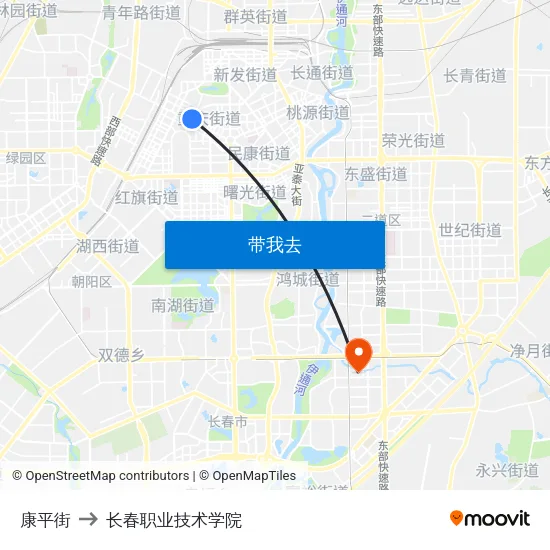 康平街 to 长春职业技术学院 map