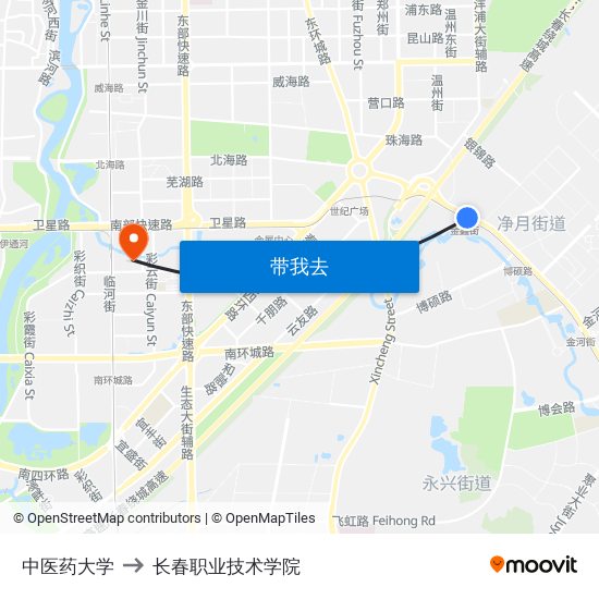 中医药大学 to 长春职业技术学院 map