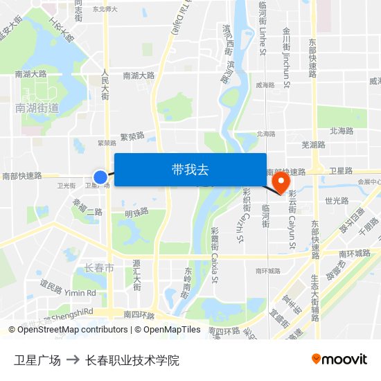 卫星广场 to 长春职业技术学院 map