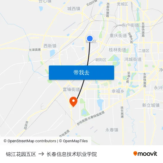 锦江花园五区 to 长春信息技术职业学院 map
