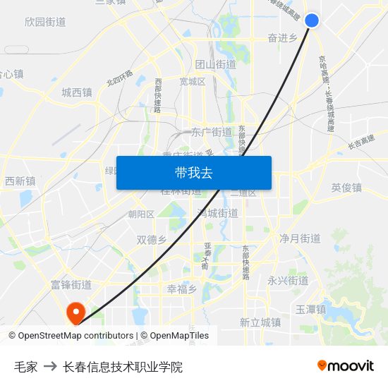 毛家 to 长春信息技术职业学院 map