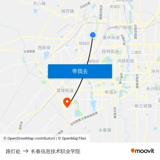 路灯处 to 长春信息技术职业学院 map