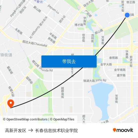 高新开发区 to 长春信息技术职业学院 map