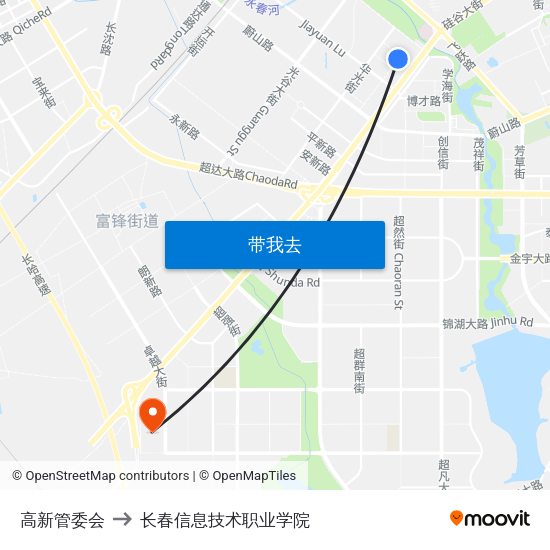 高新管委会 to 长春信息技术职业学院 map