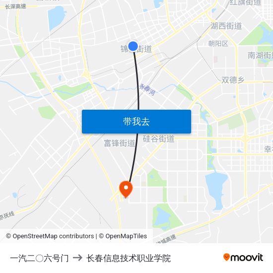 一汽二〇六号门 to 长春信息技术职业学院 map