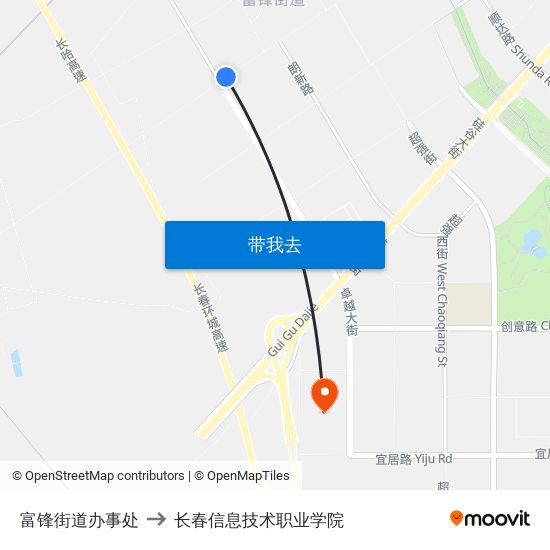 富锋街道办事处 to 长春信息技术职业学院 map