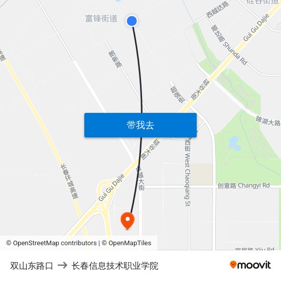 双山东路口 to 长春信息技术职业学院 map