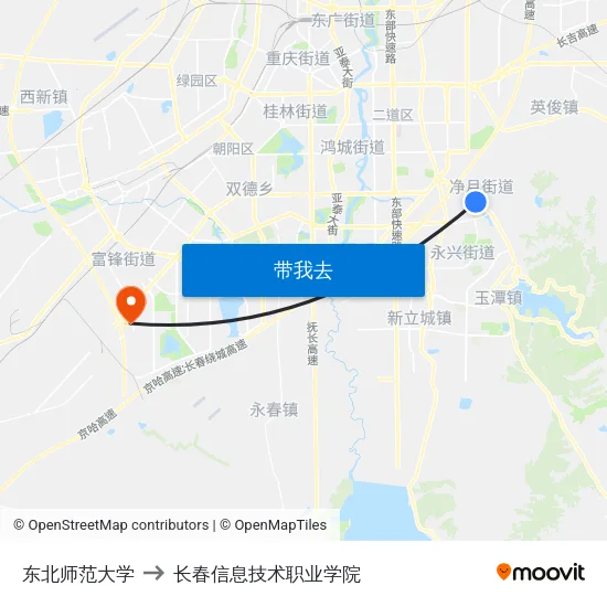 东北师范大学 to 长春信息技术职业学院 map