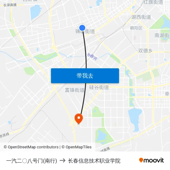 一汽二〇八号门(南行) to 长春信息技术职业学院 map