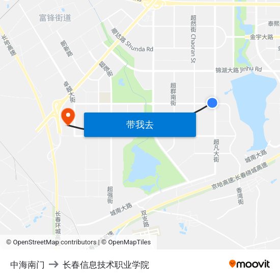 中海南门 to 长春信息技术职业学院 map