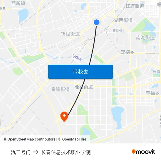 一汽二号门 to 长春信息技术职业学院 map