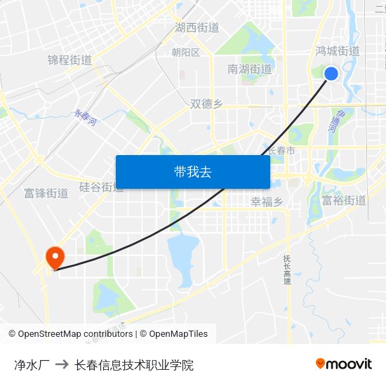 净水厂 to 长春信息技术职业学院 map