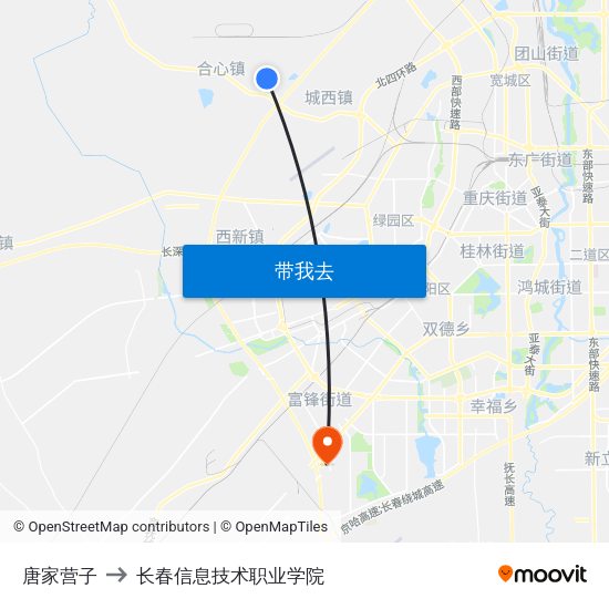 唐家营子 to 长春信息技术职业学院 map