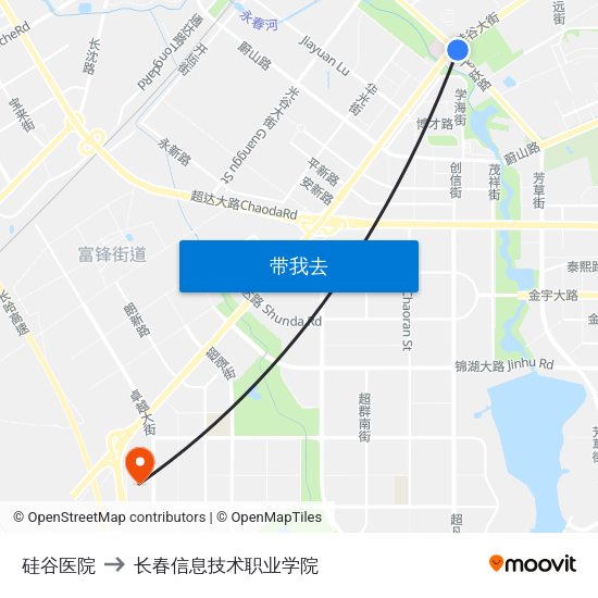 硅谷医院 to 长春信息技术职业学院 map
