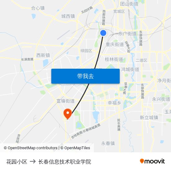 花园小区 to 长春信息技术职业学院 map