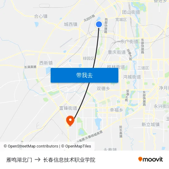 雁鸣湖北门 to 长春信息技术职业学院 map