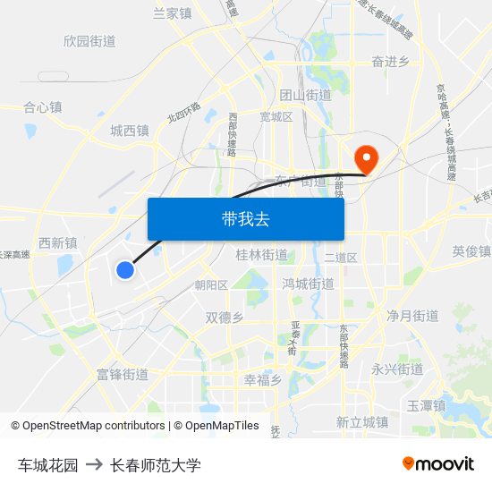 车城花园 to 长春师范大学 map