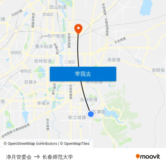 净月管委会 to 长春师范大学 map