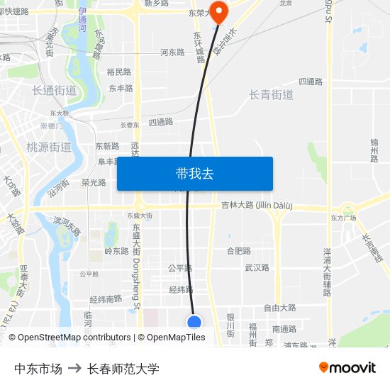 中东市场 to 长春师范大学 map