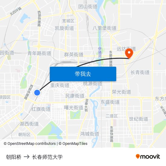 朝阳桥 to 长春师范大学 map