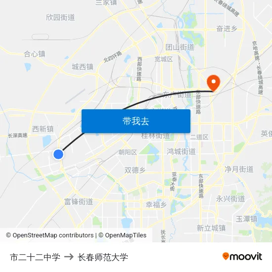 市二十二中学 to 长春师范大学 map